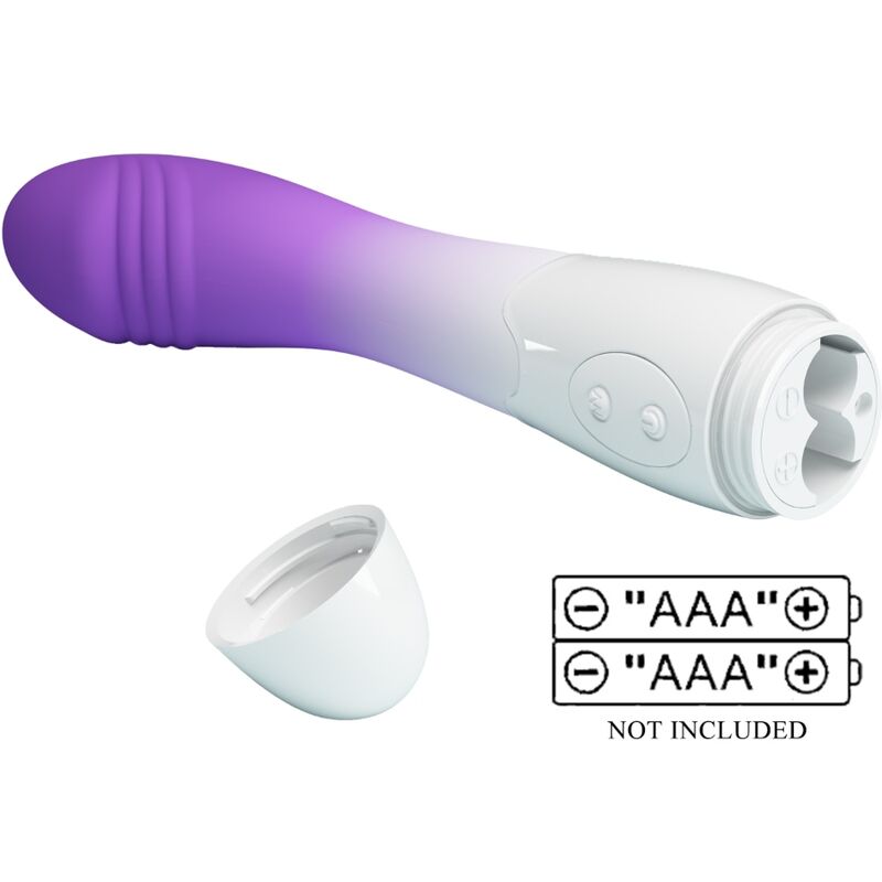 Close-up do Vibrador PRETTY LOVE Ponto G com 30 Vibrações Roxo, destacando o design curvo e material de silicone.