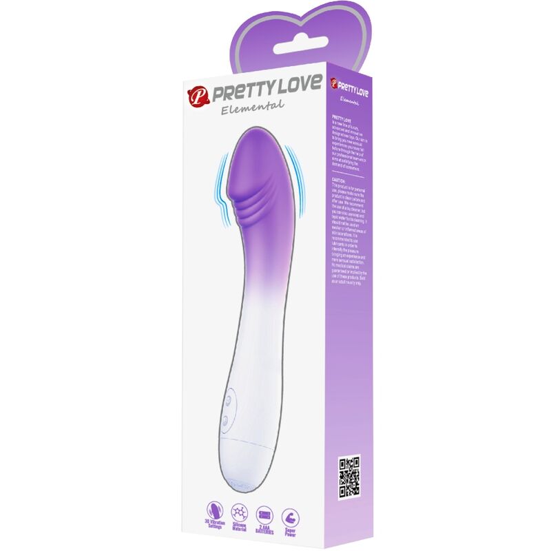 Close-up do Vibrador PRETTY LOVE Ponto G com 30 Vibrações Roxo, destacando o design curvo e material de silicone.