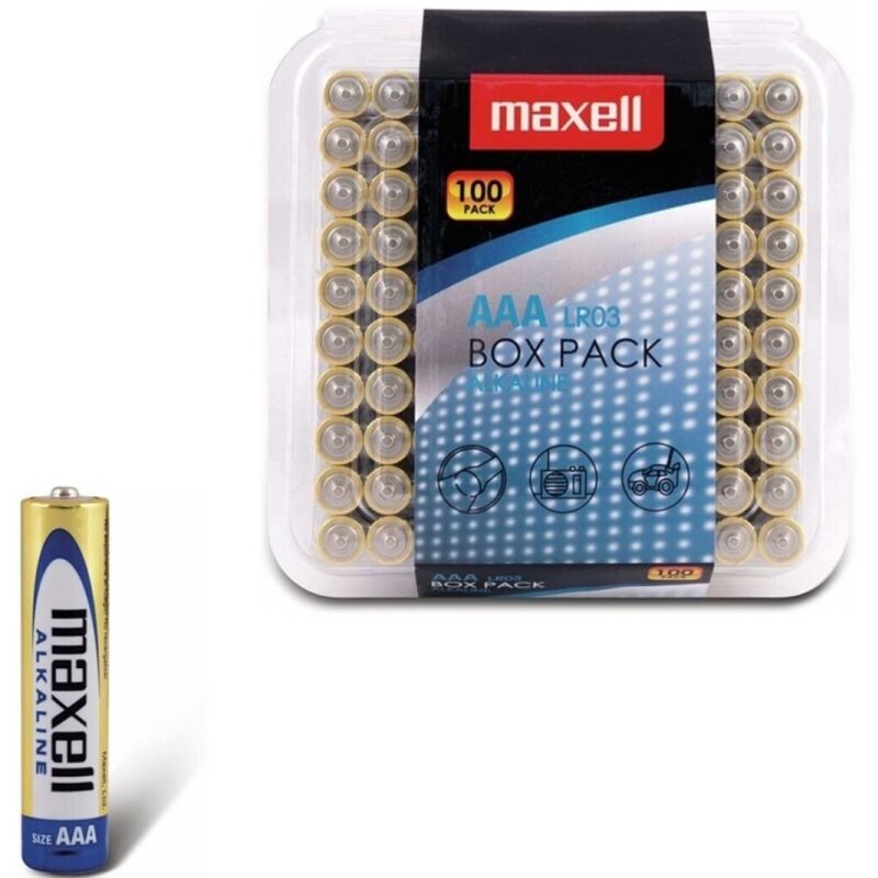 Pack de 100 Pilhas Alcalinas AAA MAXELL LR03 para dispositivos eletrónicos.