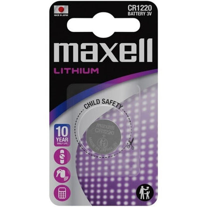 Maxell Bateria de Lítio Botão CR1220 3V em blister, mostrando a embalagem e a bateria.