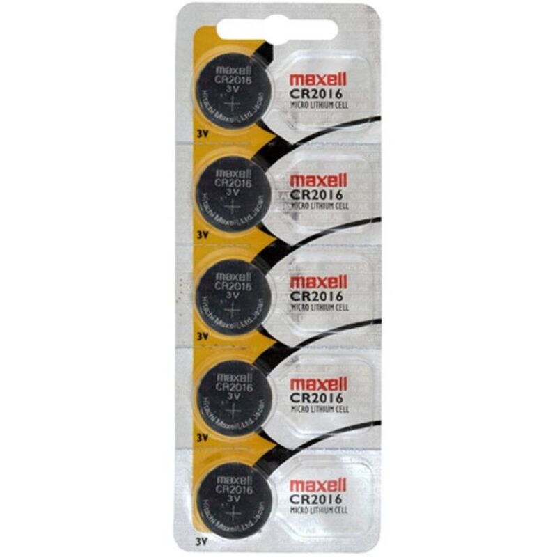 Blister de Pilhas de Lítio MAXELL CR2016 3V com 5 unidades para dispositivos eletrónicos.