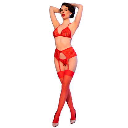 CHILIROSE Conjunto Lencería Encaje Rojo con Sujetador, Tanga, Medias
