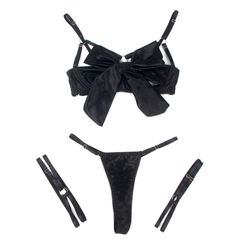 Conjunto de lingerie SUBBLIME preto com sutiã de laço ajustável e tanga.
