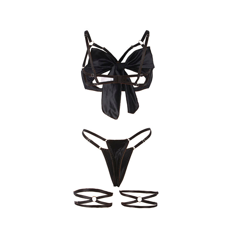 Conjunto de lingerie SUBBLIME preto com sutiã de laço ajustável e tanga.