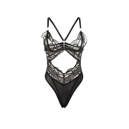 Close-up do Body SUBBLIME Renda Oca Transparente Preto L/XL, mostrando a textura da renda e o design sensual.