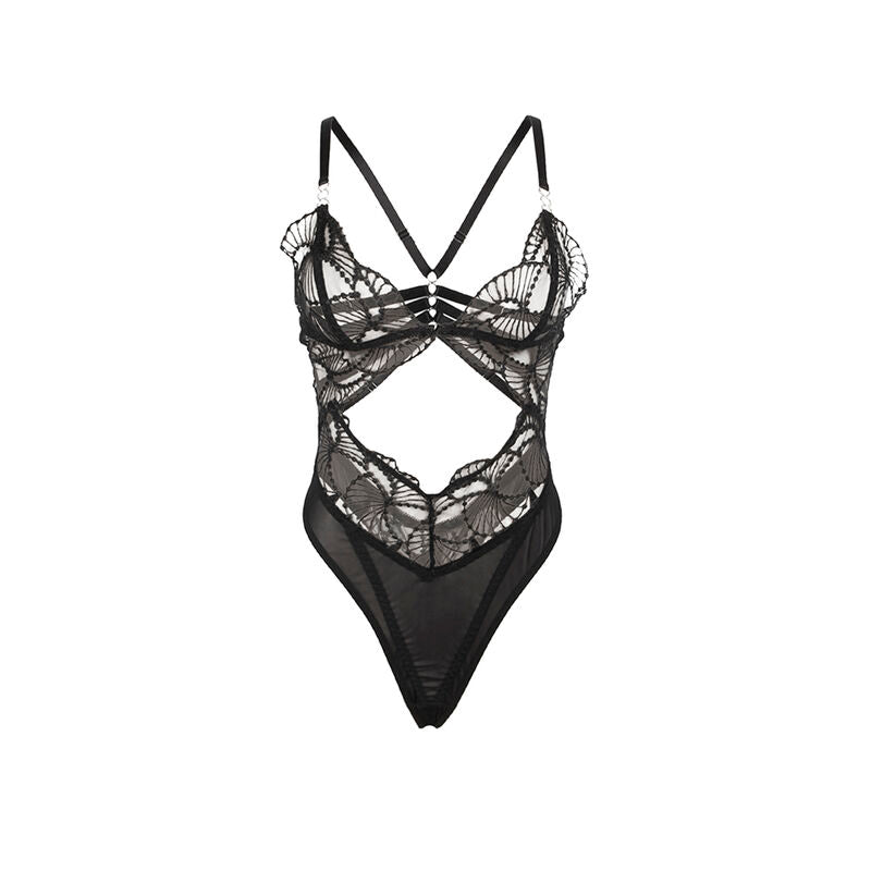 Close-up do Body SUBBLIME Renda Oca Transparente Preto L/XL, mostrando a textura da renda e o design sensual.