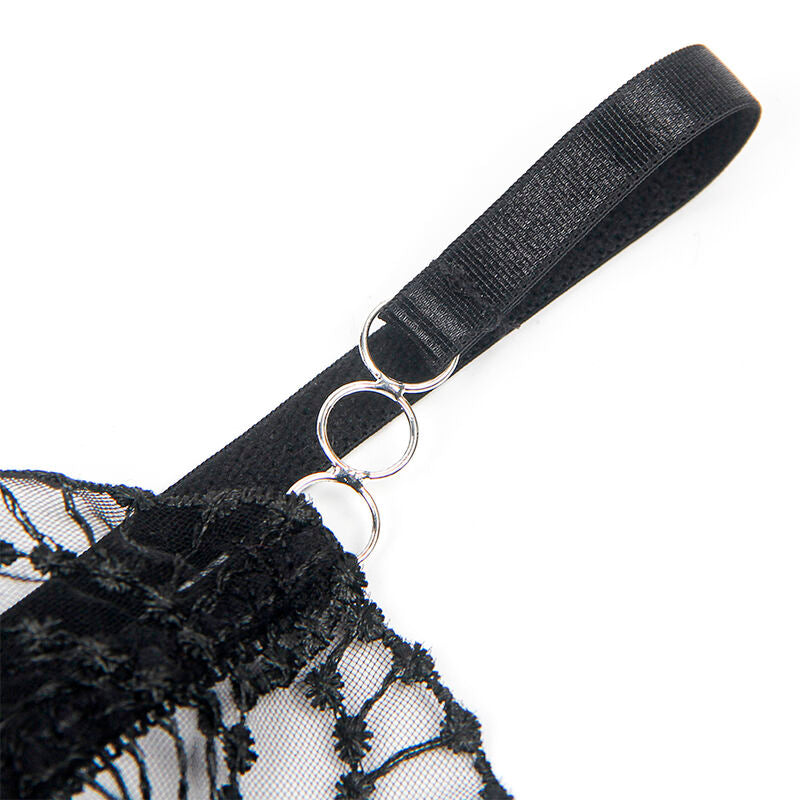 Close-up do Body SUBBLIME Renda Oca Transparente Preto L/XL, mostrando a textura da renda e o design sensual.