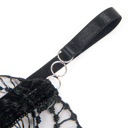 Close-up do Body SUBBLIME Renda Oca Transparente Preto L/XL, mostrando a textura da renda e o design sensual.