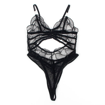 Close-up do Body SUBBLIME Renda Oca Transparente Preto L/XL, mostrando a textura da renda e o design sensual.