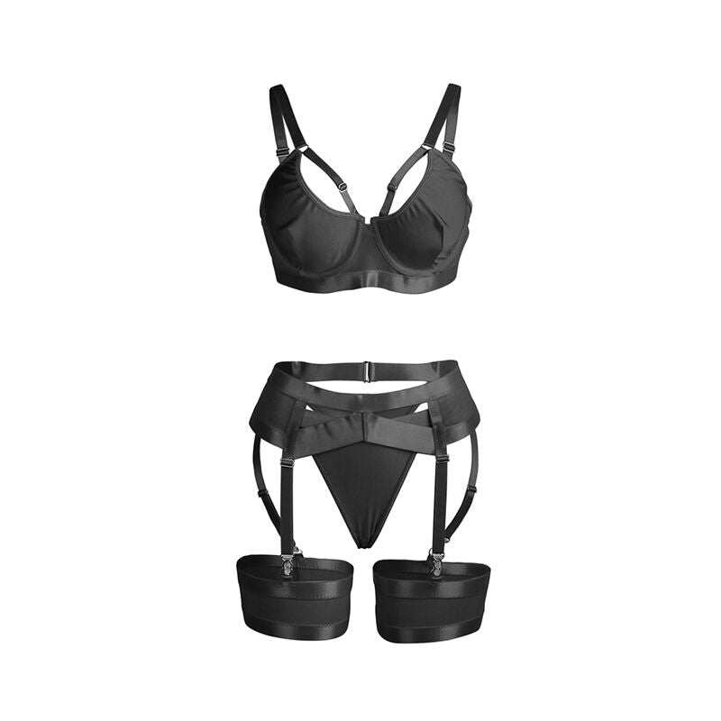 Close-up do Conjunto SUBBLIME Lingerie Sutiã Bondage e Liga Preto L/XL, detalhando o design e material elástico.