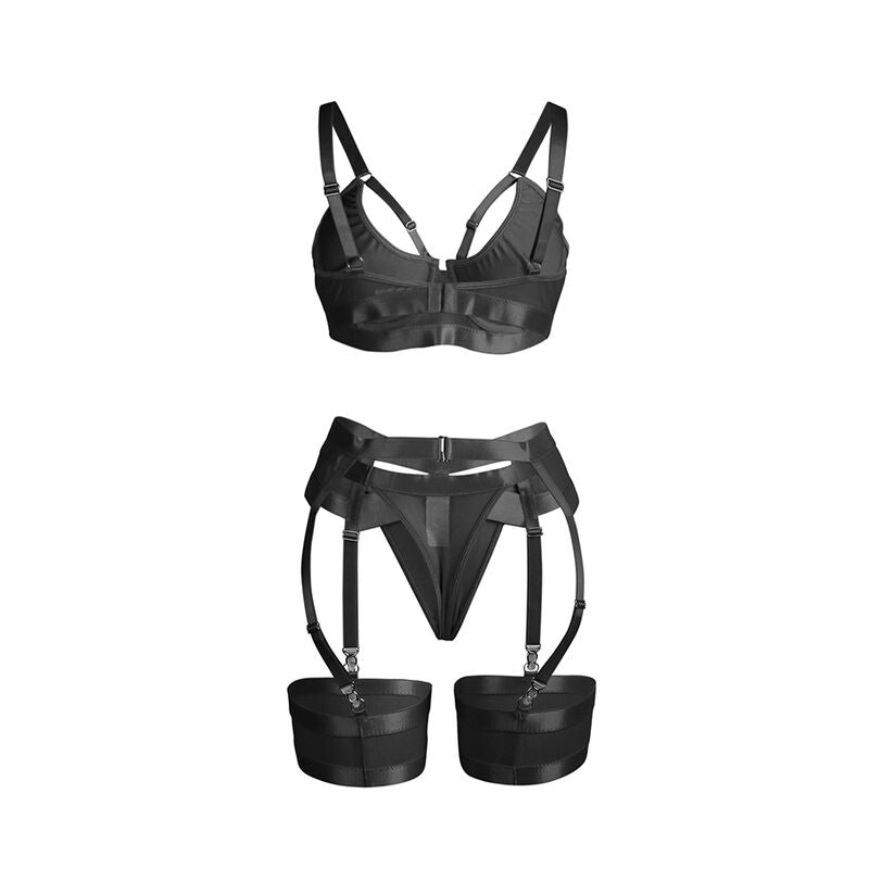 Close-up do Conjunto SUBBLIME Lingerie Sutiã Bondage e Liga Preto L/XL, detalhando o design e material elástico.