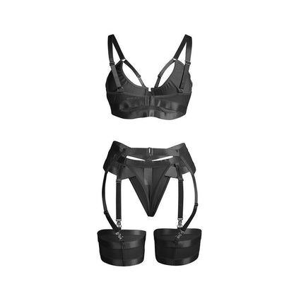 Close-up do Conjunto SUBBLIME Lingerie Sutiã Bondage e Liga Preto L/XL, detalhando o design e material elástico.