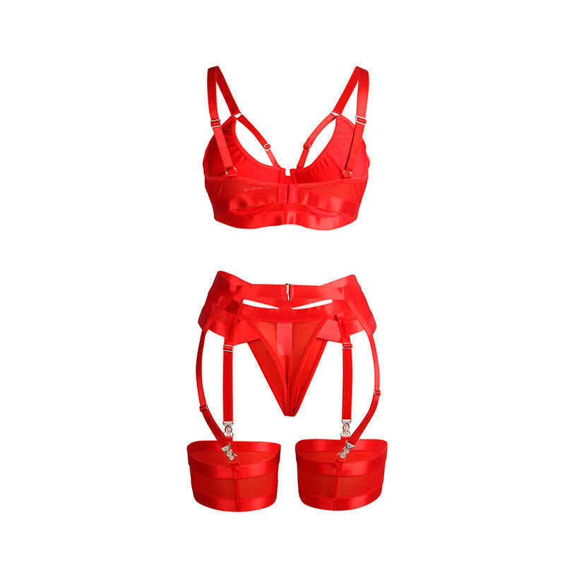 SUBBLIME Conjunto Lingerie Estilo Bondage Vermelho com Liga em detalhe, mostrando o tecido e design sensual.
