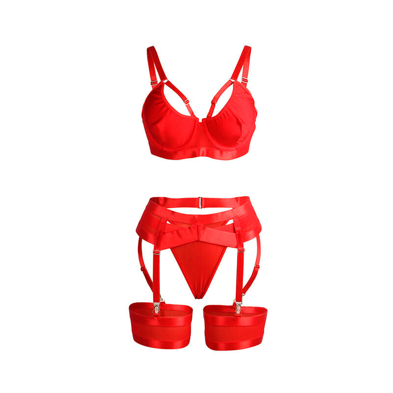 SUBBLIME Conjunto Lingerie Estilo Bondage Vermelho com Liga em detalhe, mostrando o tecido e design sensual.
