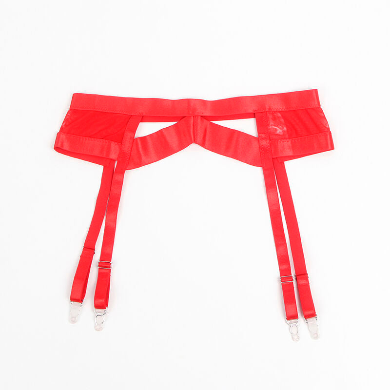 SUBBLIME Conjunto Lingerie Estilo Bondage Vermelho com Liga em detalhe, mostrando o tecido e design sensual.