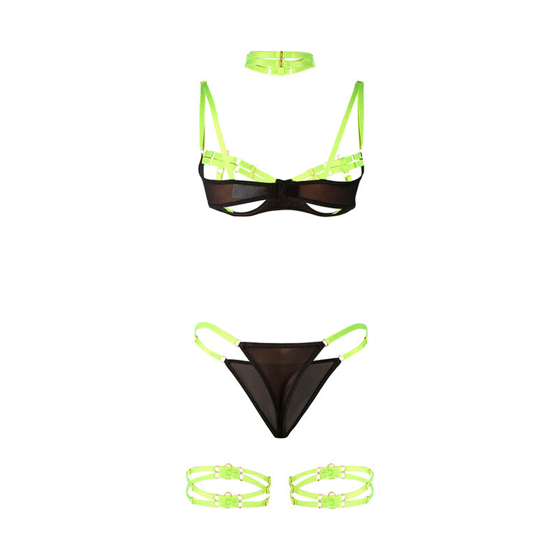 Conjunto de Lingerie SUBBLIME Verde Fluorescente com sutiã, colar e detalhes para as pernas