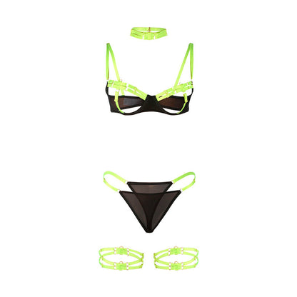 Conjunto de Lingerie SUBBLIME Verde Fluorescente com sutiã, colar e detalhes para as pernas