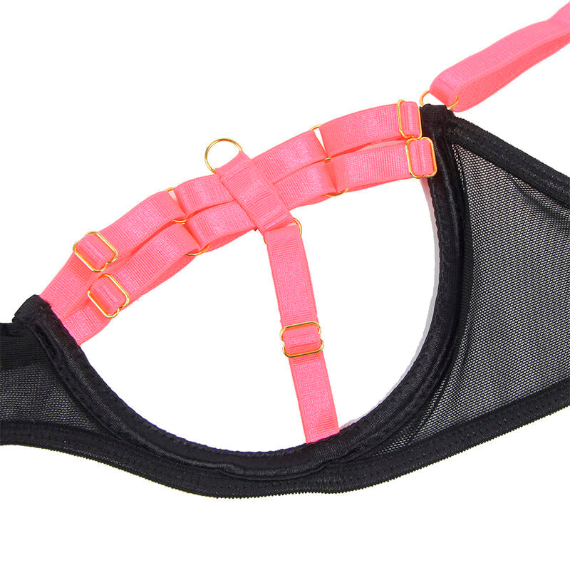 Conjunto de Lingerie SUBBLIME Rosa Fluorescente com detalhes vazados e colar ajustável.