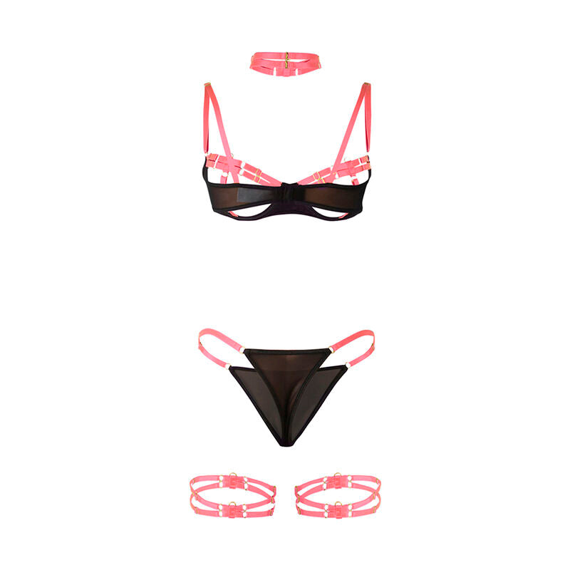Conjunto de Lingerie SUBBLIME Rosa Fluorescente com detalhes vazados e colar ajustável.