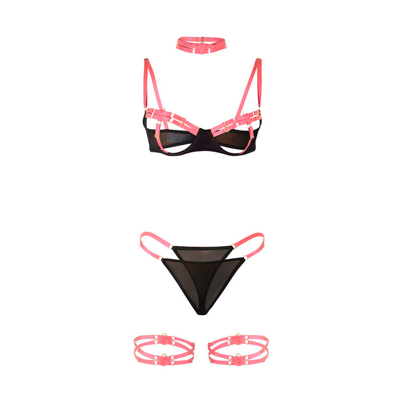 Conjunto de Lingerie SUBBLIME Rosa Fluorescente com detalhes vazados e colar ajustável.
