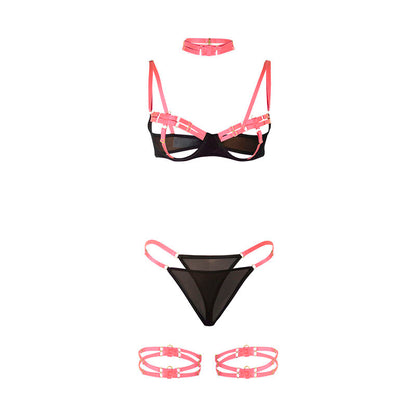 Conjunto de Lingerie SUBBLIME Rosa Fluorescente com detalhes vazados e colar ajustável.