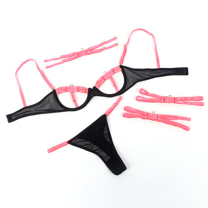Conjunto de Lingerie SUBBLIME Rosa Fluorescente com detalhes vazados e colar ajustável.
