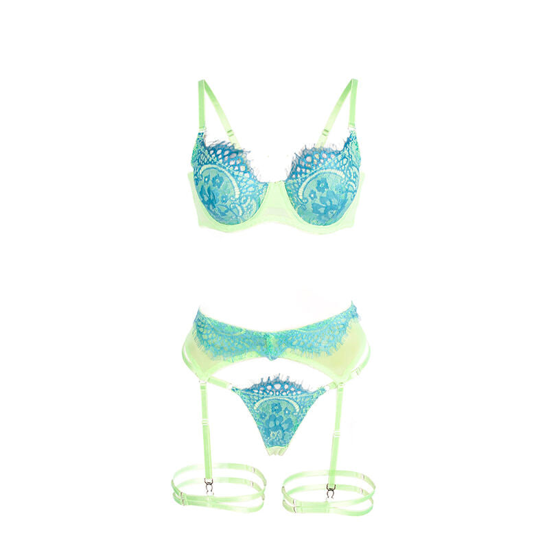 SUBBLIME Conjunto de Sutiã com Renda e Ligas Verde e Azul S/M, detalhes da renda e design moderno.