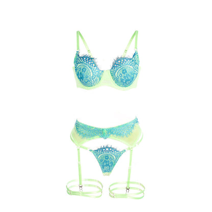 SUBBLIME Conjunto de Sutiã com Renda e Ligas Verde e Azul S/M, detalhes da renda e design moderno.