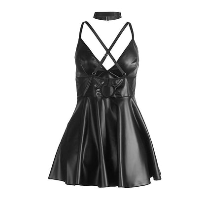 Vestido sexy SUBBLIME em couro PU preto com alças ajustáveis para um look elegante e sedutor.