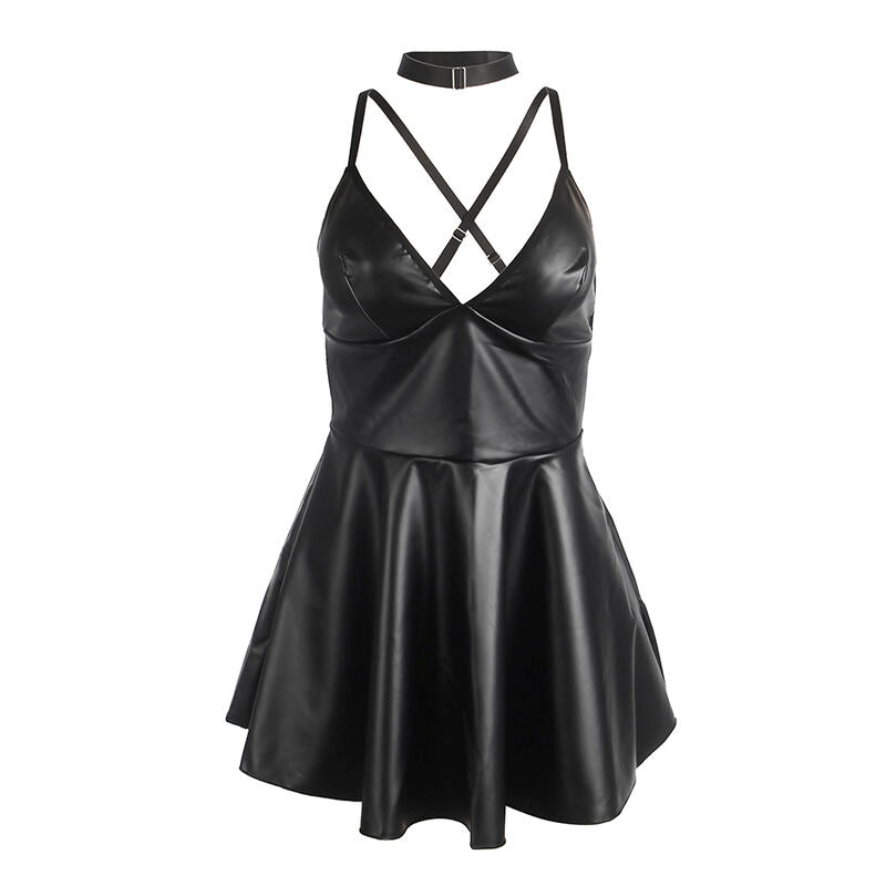 Vestido sexy SUBBLIME em couro PU preto com alças ajustáveis para um look elegante e sedutor.