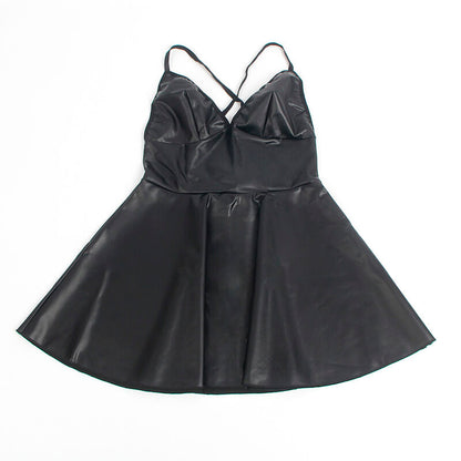 SUBBLIME Vestido com Alças Couro PU Preto, destacando a textura e o design sensual