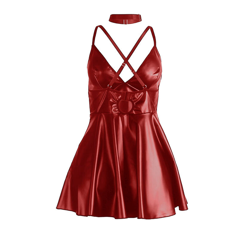 Vestido sexy SUBBLIME com alças de couro PU bordô, mostrando detalhes do tecido e design.