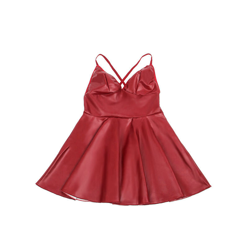 Vestido sexy SUBBLIME com alças de couro PU bordô, mostrando detalhes do tecido e design.