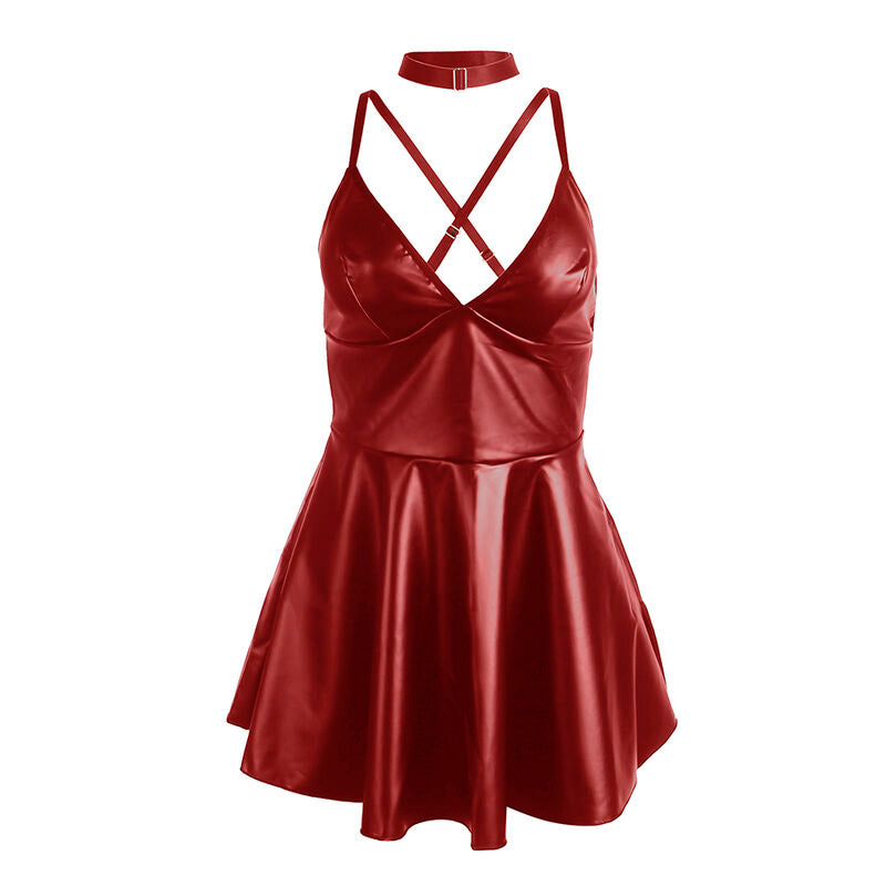 Vestido sexy SUBBLIME com alças de couro PU bordô, mostrando detalhes do tecido e design.