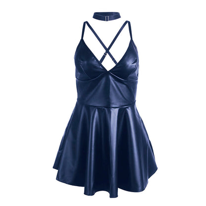 Close-up of the SUBBLIME Camisola Sexy Azul with PU Leather Straps S/M showing its design and texture.