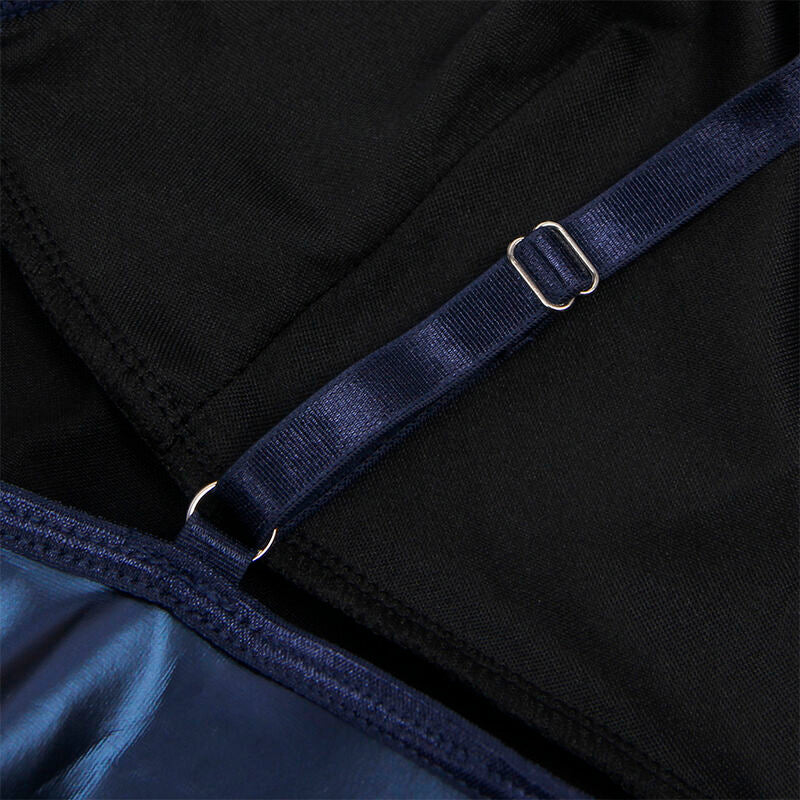 Close-up of the SUBBLIME Camisola Sexy Azul with PU Leather Straps S/M showing its design and texture.