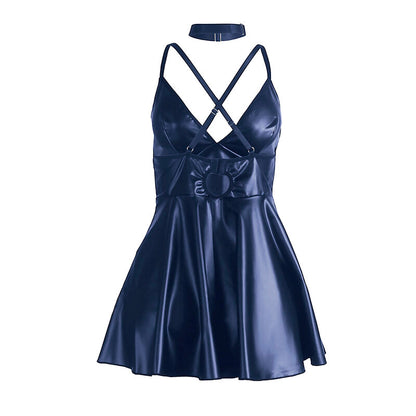 SUBBLIME Vestido Sexy com Alças Couro PU Azul L/XL, mostrando detalhes do material e design.