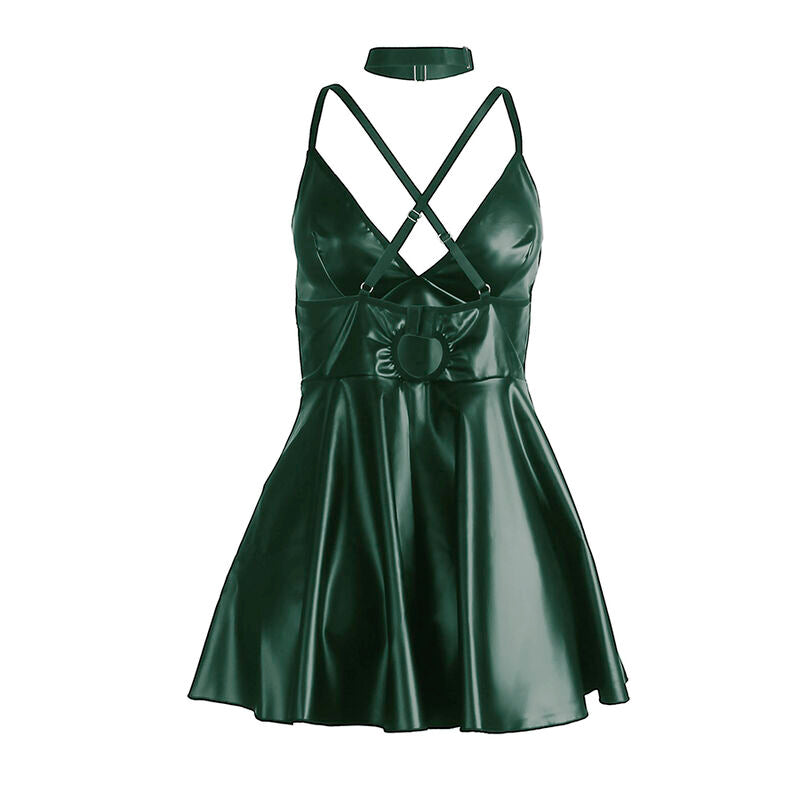 Vestido SUBBLIME com alças de couro PU verde S/M, exibindo design sensual e material macio.