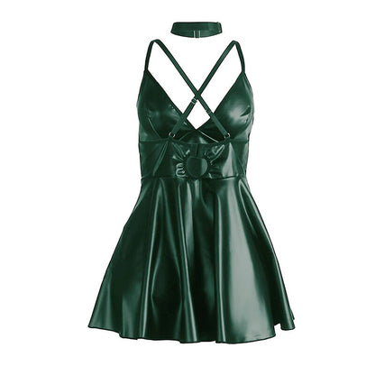 Vestido SUBBLIME com alças de couro PU verde S/M, exibindo design sensual e material macio.