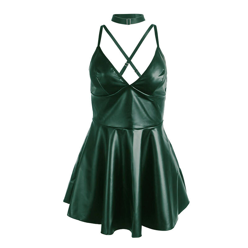 Vestido SUBBLIME com alças de couro PU verde S/M, exibindo design sensual e material macio.