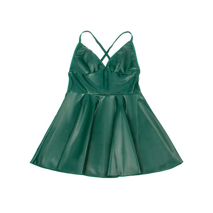 Vestido SUBBLIME com alças de couro PU verde S/M, exibindo design sensual e material macio.