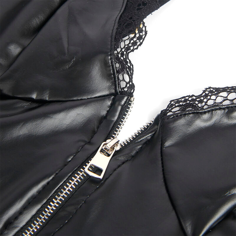 Close-up do Body Lingerie SUBBLIME Couro PU Preto com Renda e Zíper, destacando a textura e detalhes.