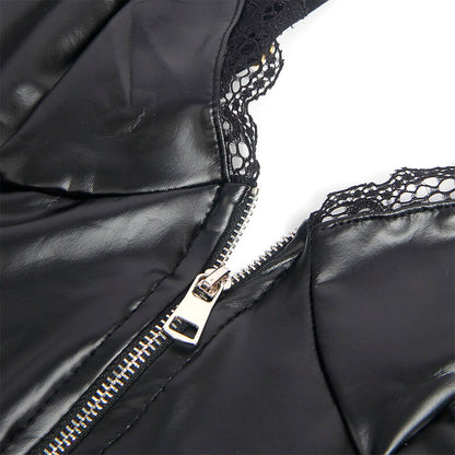 Close-up do Body Lingerie SUBBLIME Couro PU Preto com Renda e Zíper, destacando a textura e detalhes.