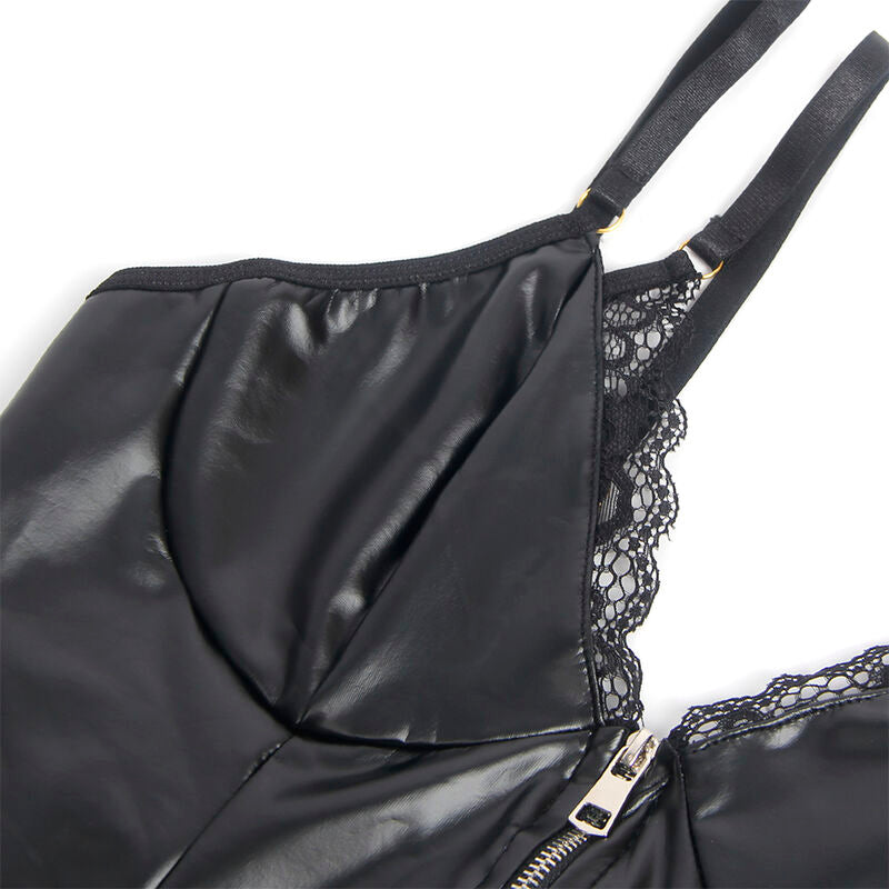 Body Lingerie SUBBLIME de Renda e Couro PU Preto com Zíper
