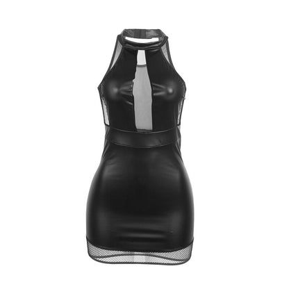 Vestido Decote Halter SUBBLIME com transparências e detalhes em couro PU, exibindo o design elegante e provocante.