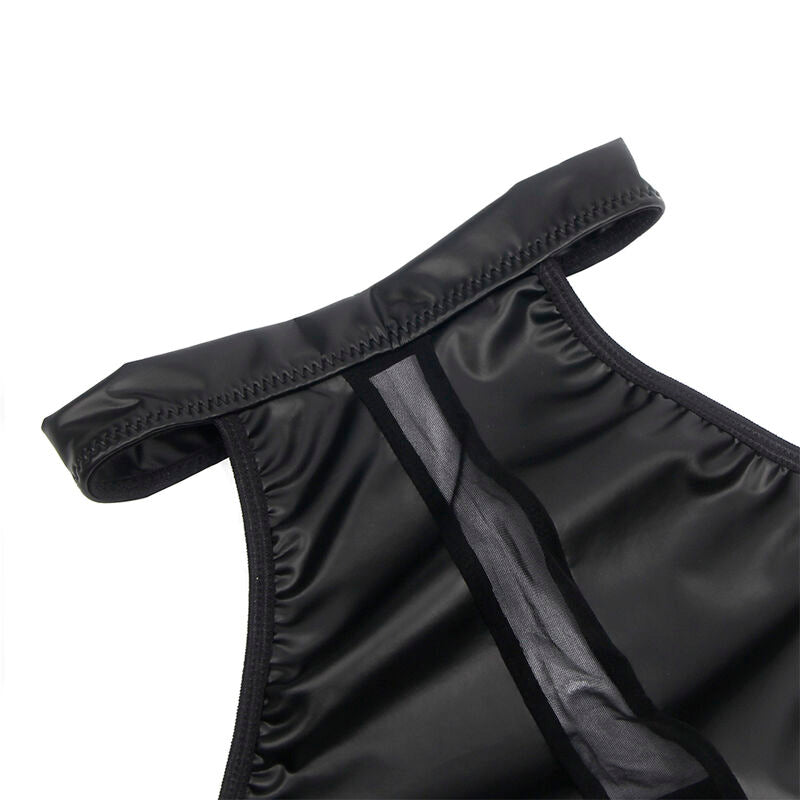 Vestido Decote Halter SUBBLIME com transparências e detalhes em couro PU, exibindo o design elegante e provocante.