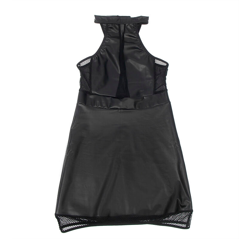 Vestido Lingerie Decote Halter SUBBLIME com transparências pretas e detalhes em couro PU
