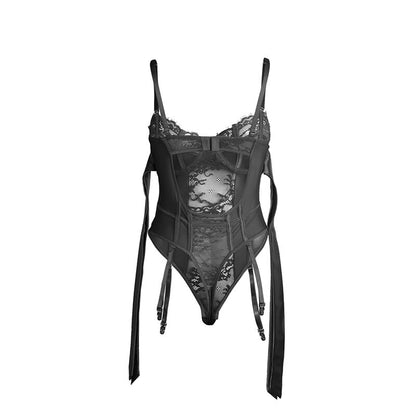 Body de Renda SUBBLIME Preto com Laços e Ligas, detalhe do tecido e design.