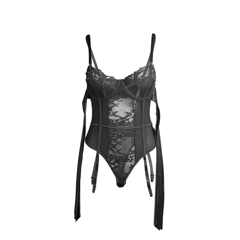 Body de Renda SUBBLIME Preto com Laços e Ligas, detalhe do tecido e design.