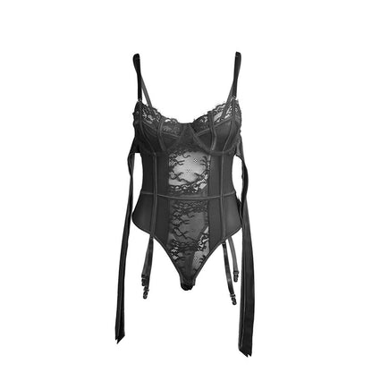 Body de Renda SUBBLIME Preto com Laços e Ligas, detalhe do tecido e design.